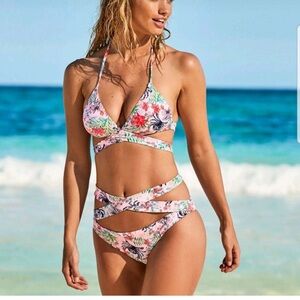 Adore Me Tropical Beach Print Pink Halter Bikini Set S/L Wrap Around Ties